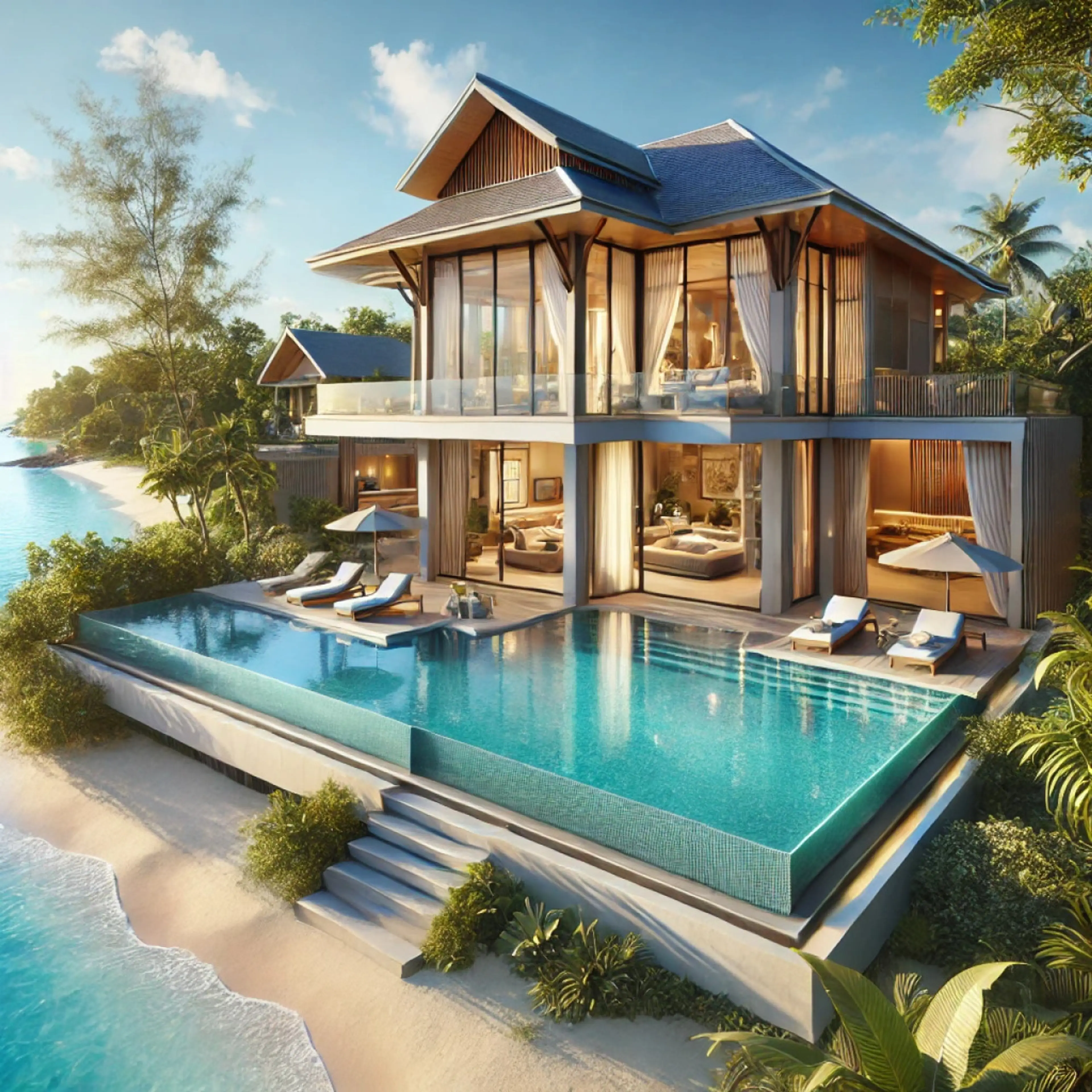 Luxurious beachfront villa with an infinity pool, surrounded by tropical greenery