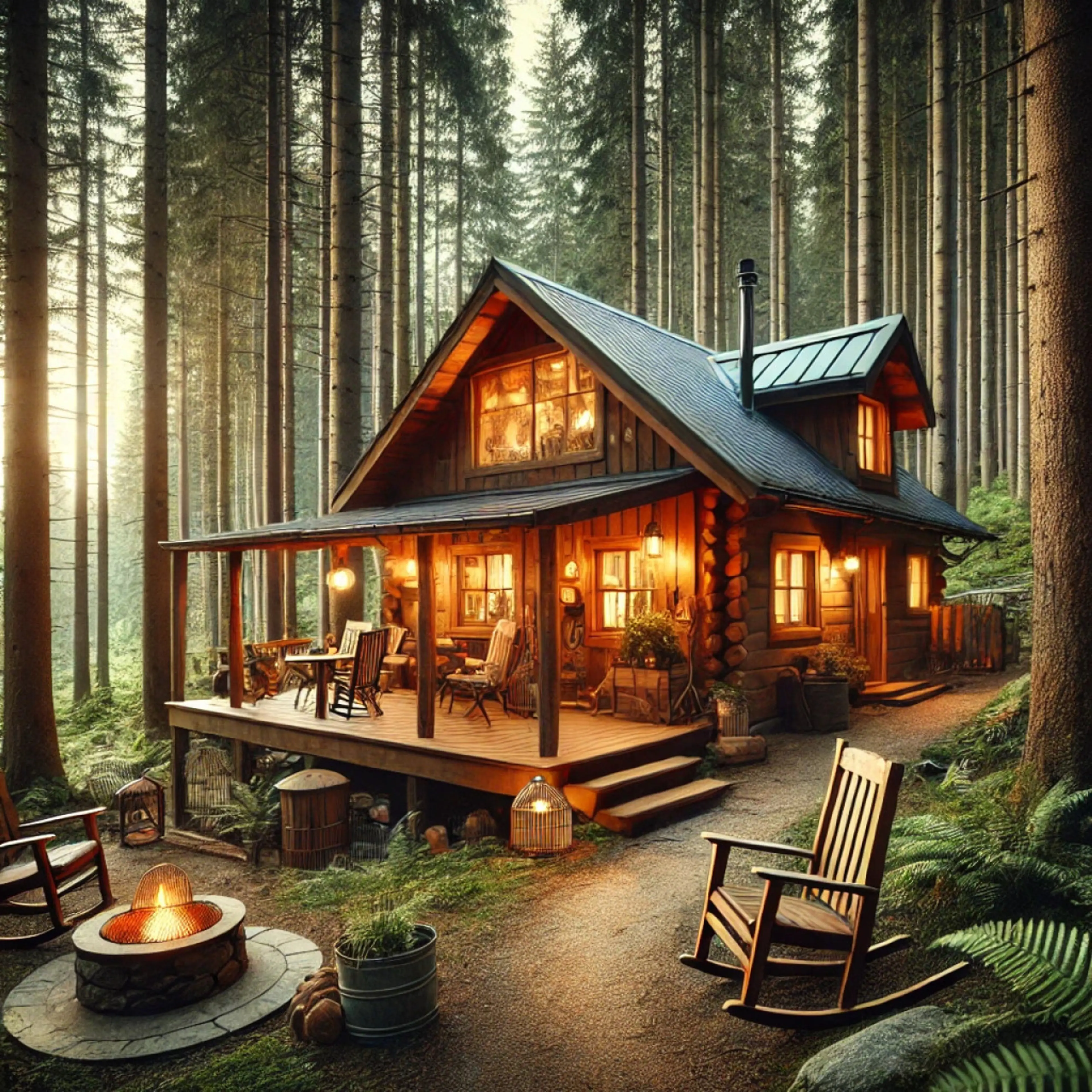 Tranquil Forest Cabin, featuring a cozy wooden deck, rocking chairs, a fire pit, and a peaceful forest setting.
