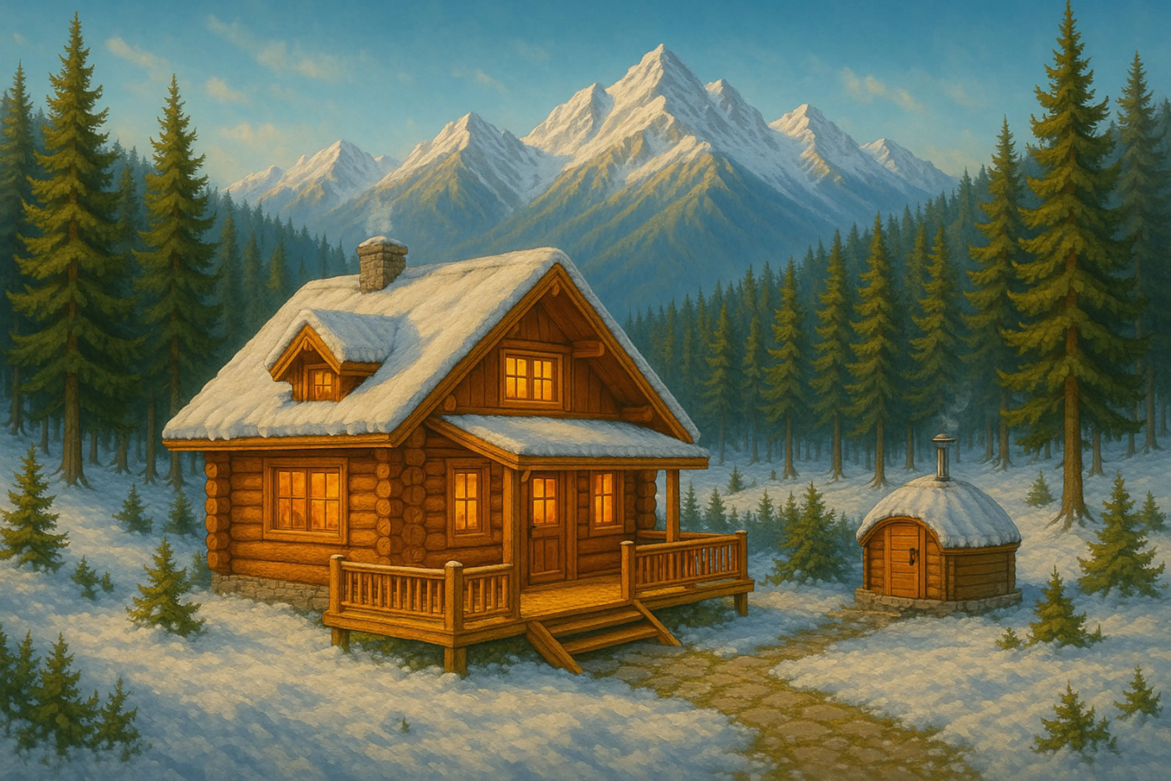 Secluded log cabin nestled in the Ala-Archa mountains, surrounded by pine trees and snow-capped peaks – a perfect escape into nature.